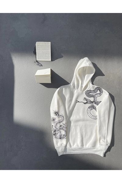 dododan Uzun Kol Kapüşonlu Baskılı Sweatshirt - Beyaz