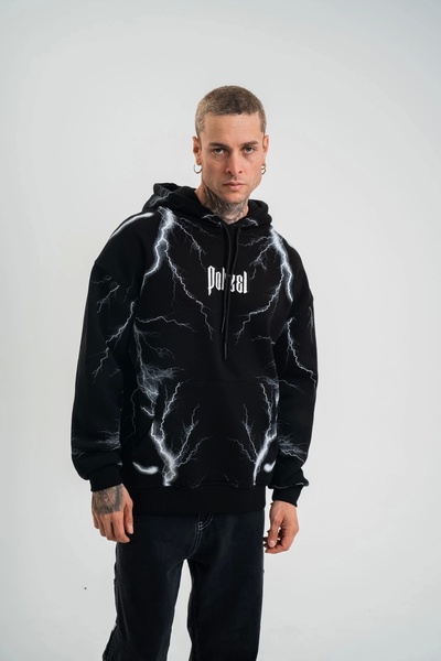 MODA Φούτερ με κουκούλα διπλό oversize με στάμπα Lightning Panel - Μαύρο