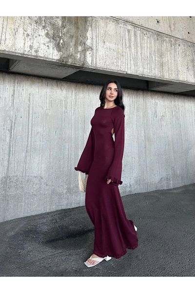 ruum fashions Open Back Detailed Maxi Long Dress - Burgundy