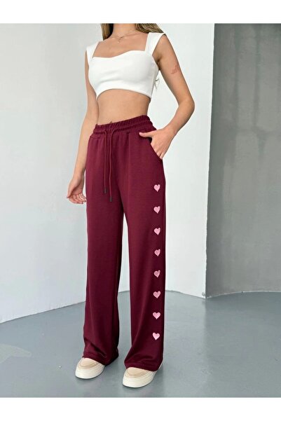 Bijuterria Osy modal soft textured fabric embroidered comfortable wide leg sweatpants - burgundy