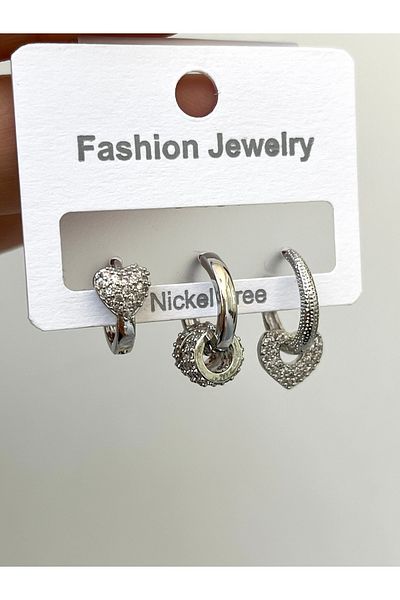 Twinssis Accessories مجموعة من 3 أقراط فضية اللون على شكل قلب