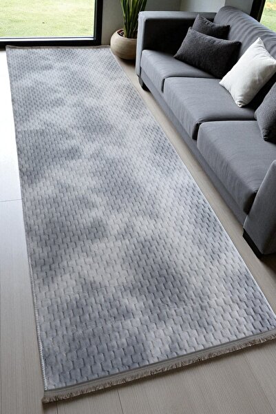 melian Aksu Fringed Berlin Non-Slip Base Cutting Embossed Living Room Corridor Kitchen Washable Gray