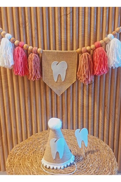 asöy قبعة Baby Tooth Out، كرسي طعام، علم حائط وردي اللون، مجموعة من 3 قطع، علم أول سن متساقط