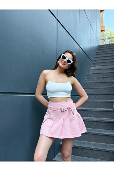 Butik Kadın pileli mini yüksek bel kemerli kısa kolej tarzı skater plise yazl...