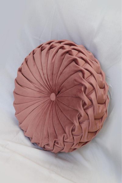 OEM Round Puffet Decorative Pillow in Pink Velvet, Hand-Sewn, 38 cm diameter