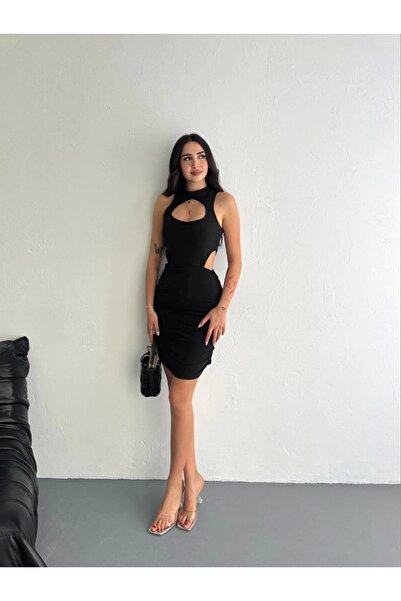 Tam12den Home Chest and Sides Low-Cut Sleeveless Long Dress - Black