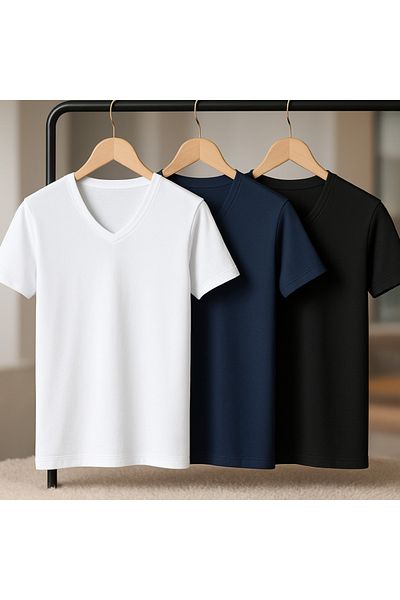 Loule Men's Clothing 3 Pieces Black & Navy Blue & White Bamboo V-Neck T-Shirt Ll.Il16.Ke11.001