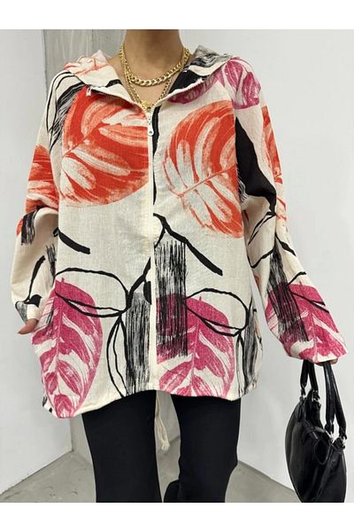 nedo7 Patterned Zippered Fixed Hooded Linen Jacket -Orange