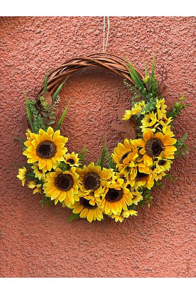 Hobi Stok Sunflower Door Ornament Door Wreath – Handmade Decorative Ornament with Natural Wooden Flowers
