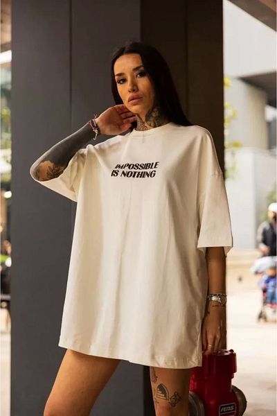nedo7 Unisex Crew Neck Printed Oversize T-Shirt - White