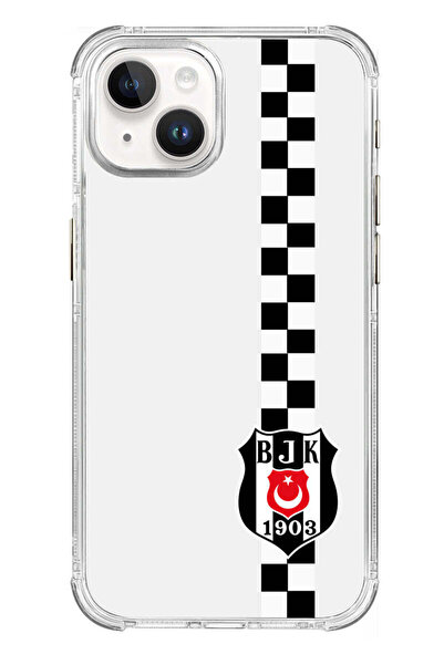 Beşiktaş iPhone 15 Uyumlu Dama Şerit Arma Şeffaf Lisanslı Telefon Kılıfı