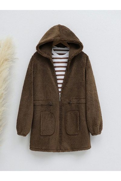 nedo7 Elastic waist hooded zippered plush coat - coffee