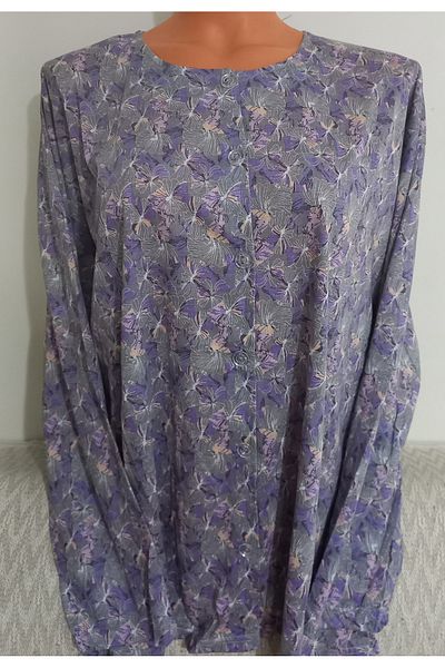 Anne Er Clothing Paper Print Combed Cotton Blouse Long-Sleeve Crew Neck Button Print
