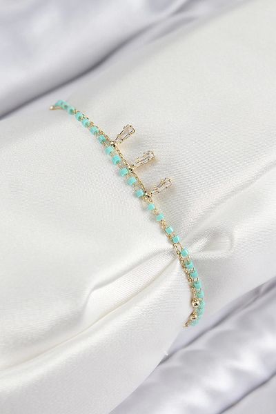 Clariss Brass Zircon Stone Blue Beaded Model Gold Color Women's Bracelet