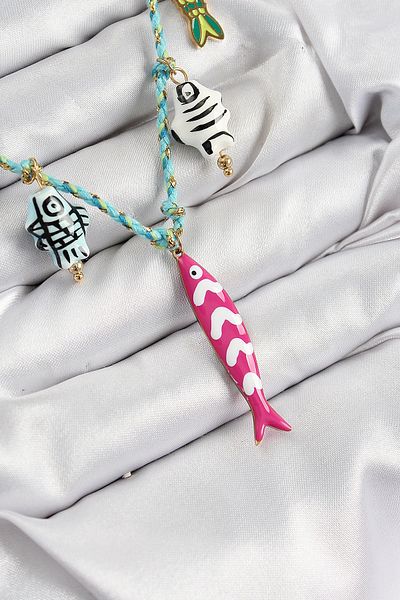 Clariss Ceramic Motif Pink Fish Figured Model Blue Rope Women's Necklace