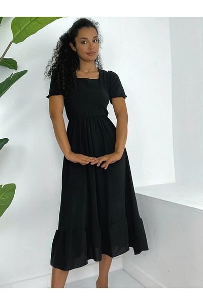nedo7 Square neck elastic waist short sleeve ayrobin dress - black