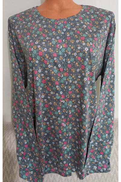 Anne Er Clothing Paper Print Combed Cotton Blouse Long-Sleeve Crew Neck Button Print