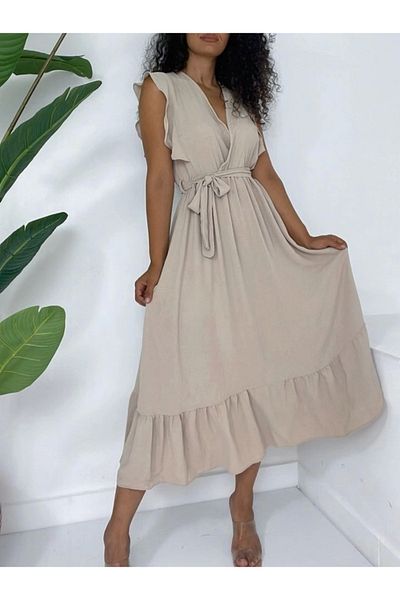 nedo7 Ayrobin Dress with Ruffled Shoulders, Zero Sleeves, Elastic Waist and Lace - Mink