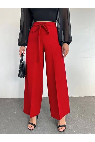 nedo7 Lace-up waist double wide leg pants - red