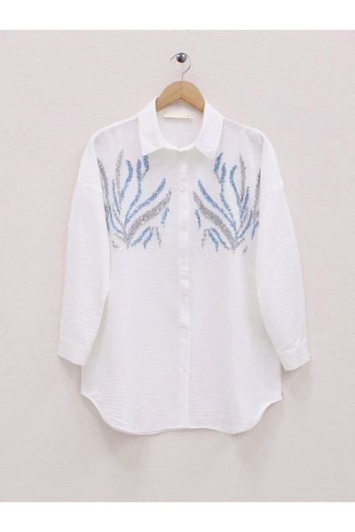 nedo7 Long shirt with sequin front - white