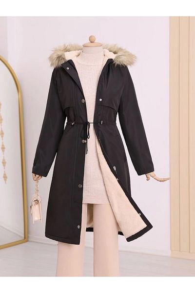 nedo7 Plush Inside Fixed Hooded Tunnel Lace up Long Coat -Black