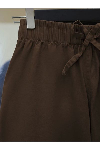 nedo7 Linen Trousers with Lace Detail and Wide Legs with Elastic Waist - Brown