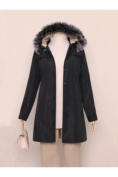 nedo7 Hooded snap pocket short coat -black