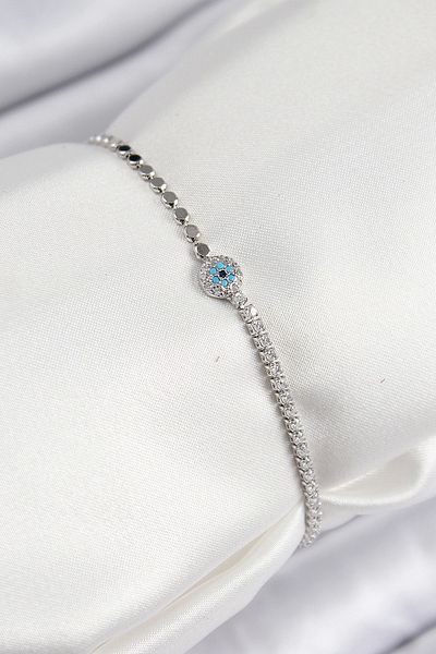 Clariss Brass Zircon Stone Evil Eye Model Crushed Chain Silver Color Women's Bracelet