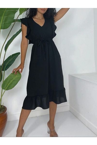 nedo7 Ruffled shoulder elastic waist zero sleeve midi length ayrobin dress - black