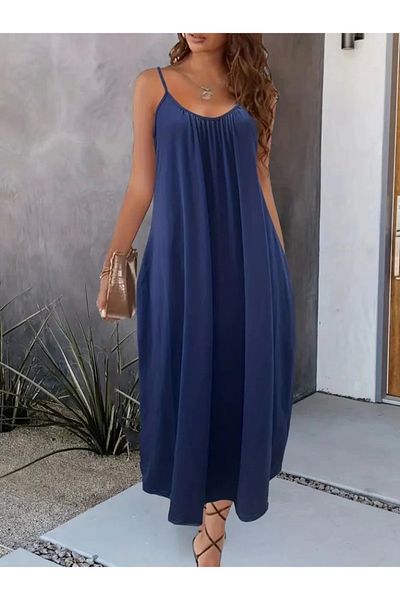 nedo7 Women's Rope Strap Wide V-Neck Pocket Viscose Dress