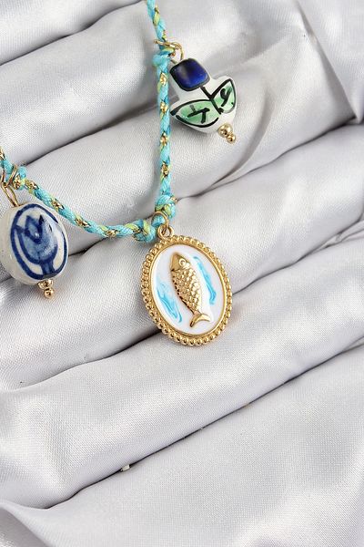 Clariss Ceramic Motif Fish Figured Model Blue Rope Women's Necklace