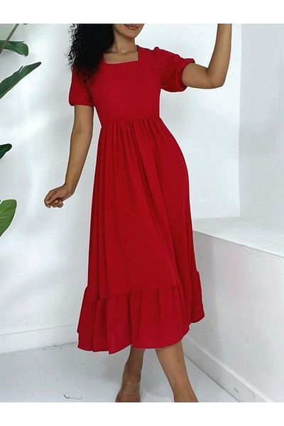 nedo7 Square Neck Elastic Waist Short Sleeve Ayrobin Dress -Red