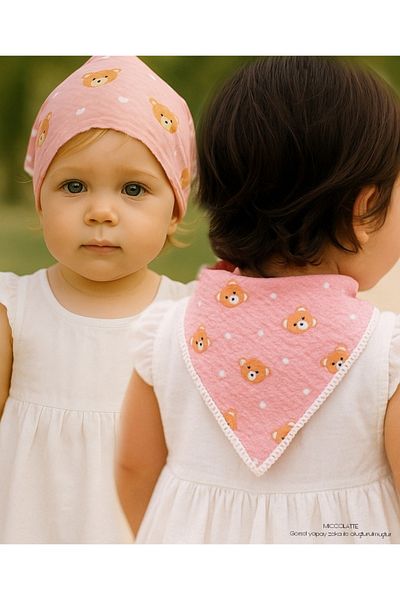 Miccolatte Baby Girl Seersucker Fabric Teddy Bear Patterned Triangle Tip Tassel Bandana