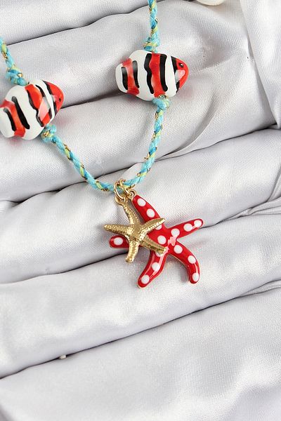 Clariss Ceramic Motif Starfish Figured Model Blue Rope Women's Necklace