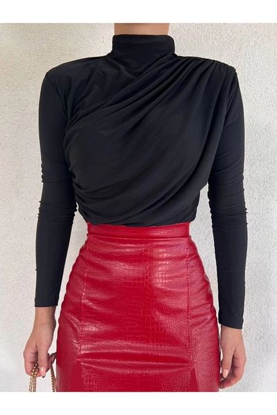 nedo7 Half-Neck Gathered Sandy Blouse - Black