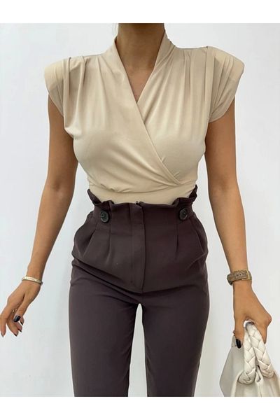 nedo7 Zero Sleeve Padded Double Breasted Model Sandy Blouse -Beige