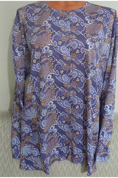 Anne Er Clothing Paper Print Combed Cotton Blouse Long-Sleeve Crew Neck Button Print