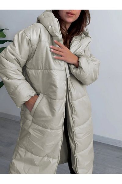 nedo7 Hooded Lace Detailed Zippered down Jacket - Stone