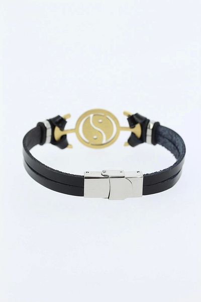 Moco Black Color Leather Men's Bracelet with Gold Color Yin Yang Figure and Metal Accessories