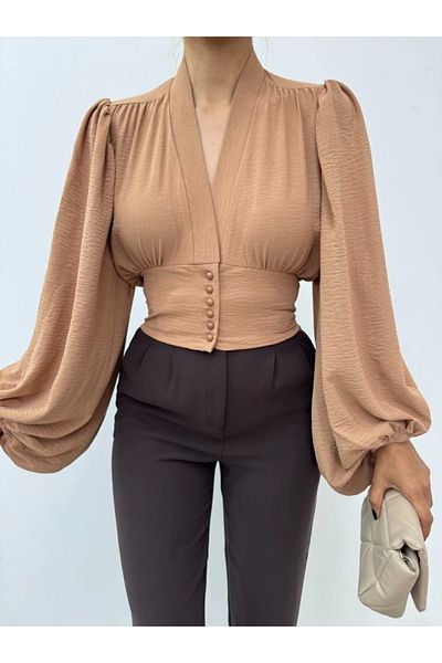 nedo7 Buttoned back elastic balloon sleeve sandy crop -mink