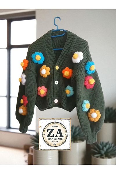ZAHandmade Colorful Floral Hand-Knitted Cardigan Model