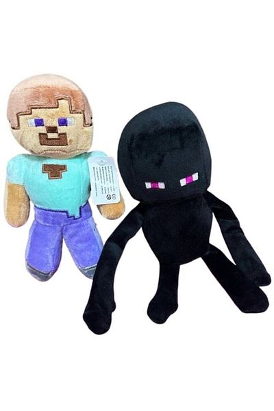 MINECRAFT Set 2 jucării de pluș Minecraft: Steve și Enderman, albastru și negru, 28cm