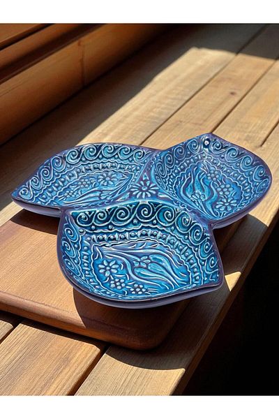 sharp&art Hand-Processed Ceramic Breakfast Bowl, Biscuit Bowl, Sauce Bowl, 3 Compartments, for Practical Use...