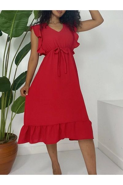 nedo7 Shoulder ruffled elastic waist zero sleeve midi length ayrobin dress - red