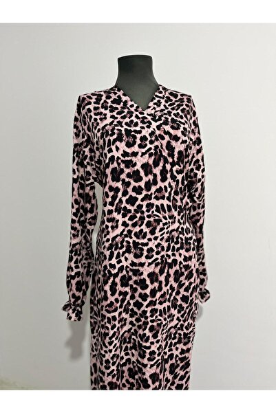 ShopX İç Göstermeyen Leopar Desenli Viskon Namazlık – Uzun Kollu, Terletmeyen, Kuşaklı Tesettür Elbise