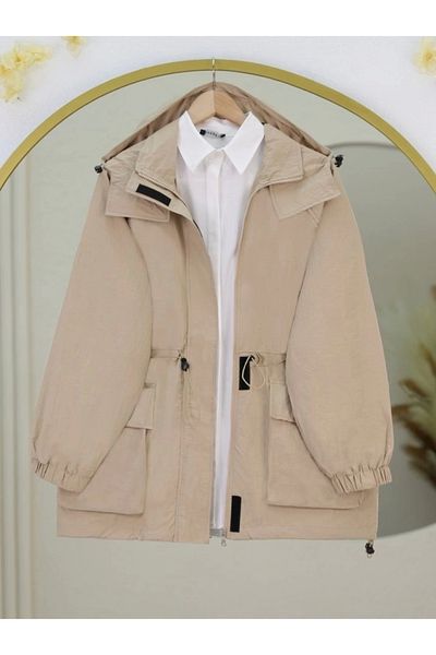 nedo7 Zippered trench coat with elastic laced bag pocket - beige