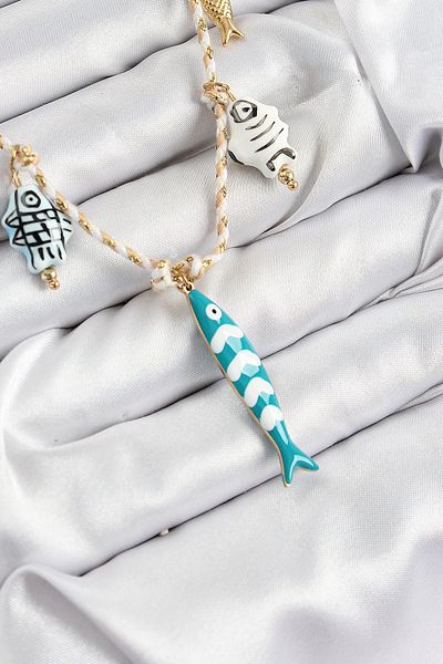 Clariss Ceramic Motif Fish Figured Model Cream Thread Women's Necklace