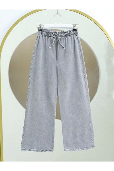 nedo7 Wide Leg Elastic Waist Lace Detailed Jeans - Gray