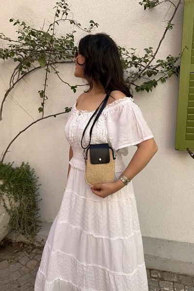 LEONAS Mini geantă de umăr și crossbody cu capac din piele cu detalii din paie Jeremi Black