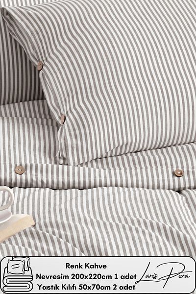 Larispera Yarn Dyed Cotton Double Striped Buttoned Duvet Cover Set 200X220 cm King Size